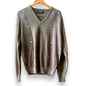 Puritan V-neck Sweater Sz Large Brown Multi-colored Diamond Print Grandpa